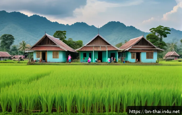 태국의 빈곤율 현황 - A rural Thai village scene depicting a modest school with worn-out infrastructure and children in si...