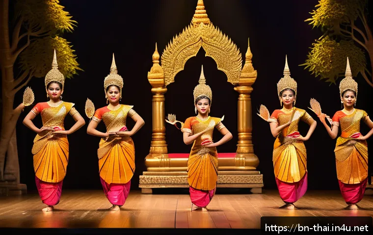 태국 전통 무용 - A vibrant scene of a traditional Thai classical dance performance inspired by the Ramayana, featurin...