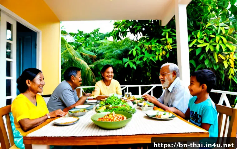 태국에서의 가족 관계 특징 - Photorealistic multigenerational Thai family sharing a relaxed evening meal in a bright open-air hom...