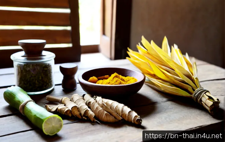 태국 전통 의약품 - Photorealistic Thai traditional medicine herbal preparation scene, an experienced Southeast Asian he...