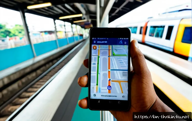 Home 17 태국의 대중 교통 앱 - Photorealistic Bangkok morning commute, Bengali traveler holding a smartphone with a simple generic ...