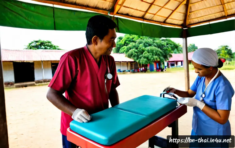 태국의 의료 봉사 프로젝트 - Photorealistic rural medical outreach clinic in Thailand, compassionate international volunteers and...