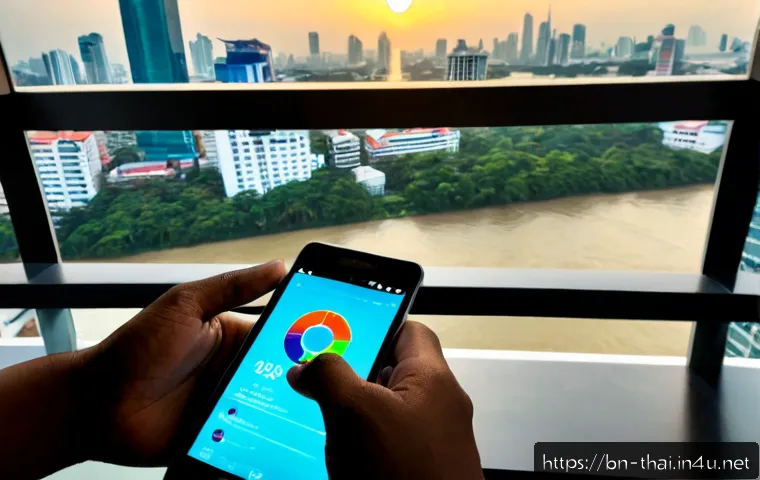 태국의 핀테크 산업 - Photorealistic modern fintech workspace in Bangkok, a Thai financial analyst using a smartphone for ...