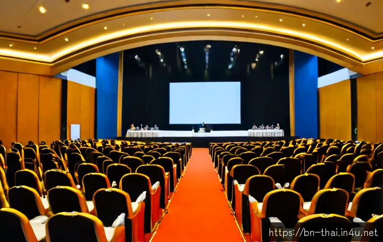 태국의 비즈니스 컨퍼런스 - Photorealistic wide-angle view of a modern business conference in Bangkok, Thailand, diverse Asian a...