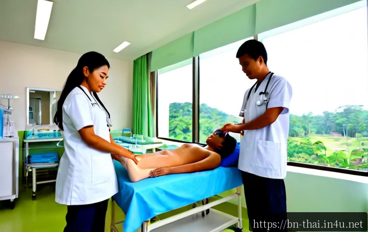 태국의 의료 교육 - Photorealistic Thai medical education scene in a bright modern teaching hospital, diverse Thai medic...
