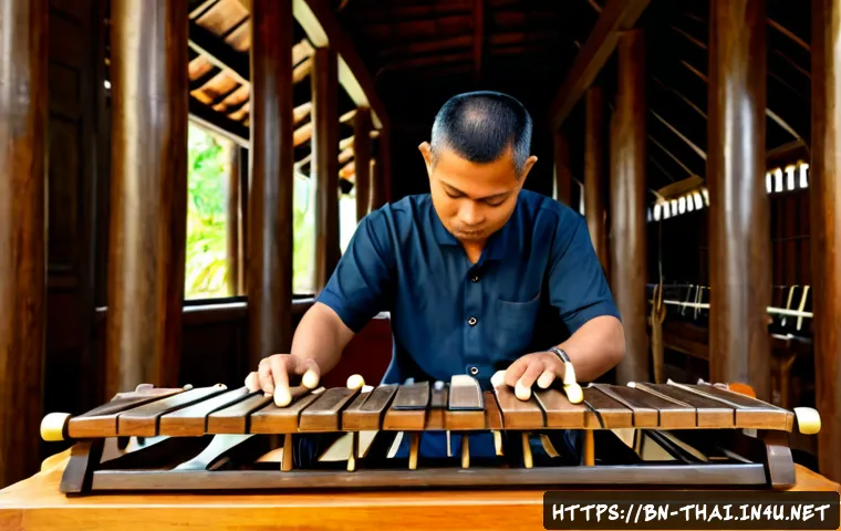 태국의 전통 음악학 - Photorealistic documentary-style scene of a Thai traditional music scholar examining a polished rana...