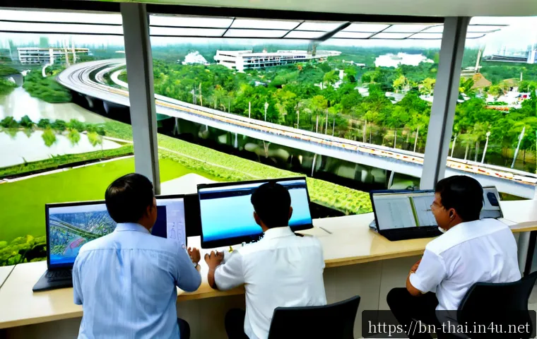 태국의 공공 프로젝트 계획 - Photorealistic wide-angle view of a Thai public infrastructure planning meeting, diverse Thai engine...