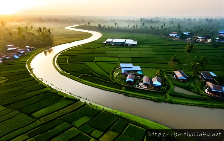 태국의 주요 강과 자연 생태 - Photorealistic aerial sunrise view of the Chao Phraya River flowing through central Thailand, broad ...